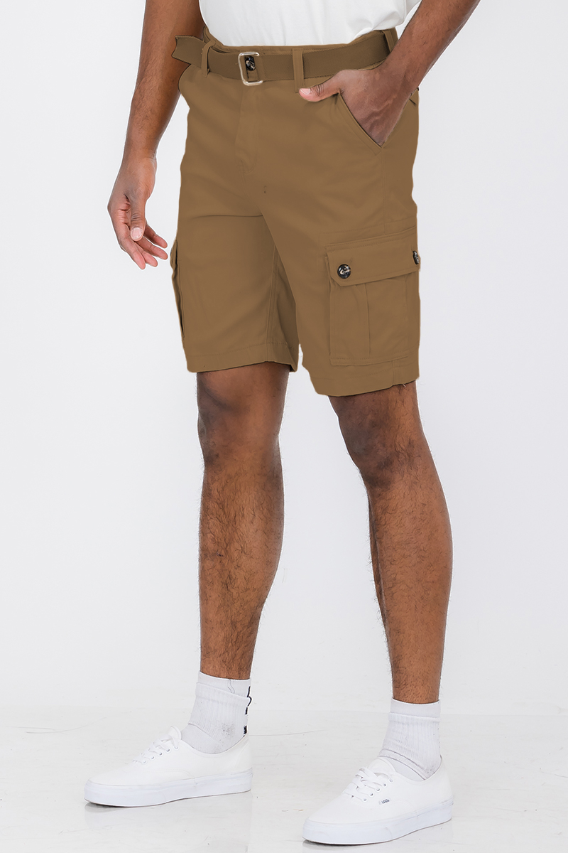 Belted Cargo Short featuring a buckle belt, button closure, and multiple pockets, made from cotton and elastane for comfort.