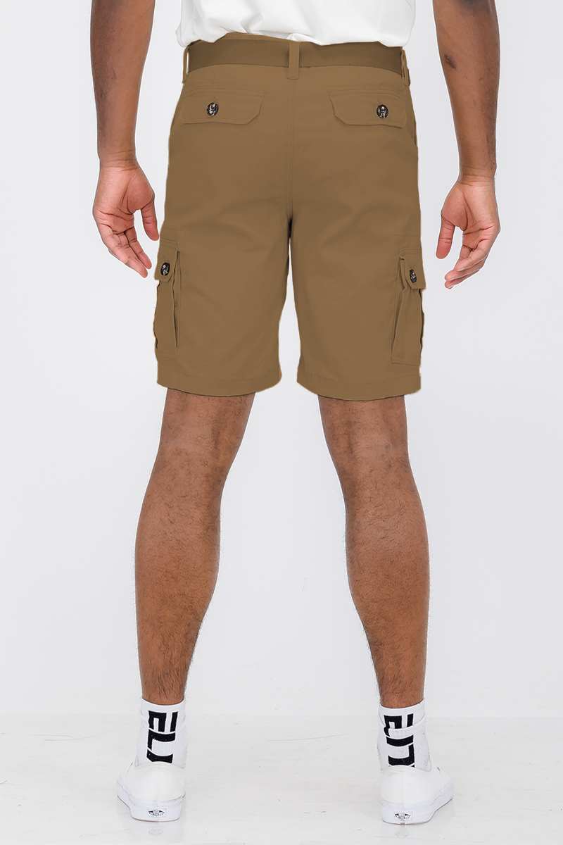 Belted Cargo Short featuring a buckle belt, button closure, and multiple pockets, made from cotton and elastane for comfort.