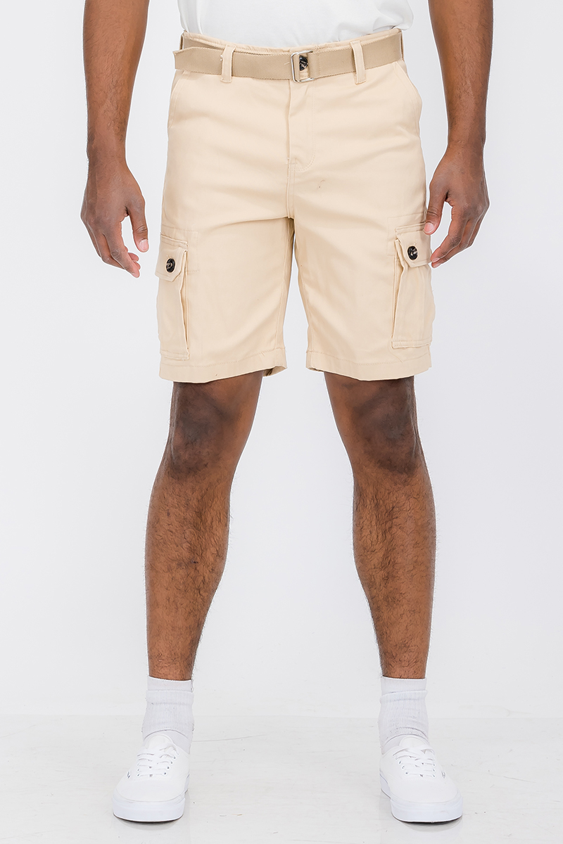 Belted Cargo Short featuring a stylish buckle belt, side cargo pockets, and a comfortable fabric blend.