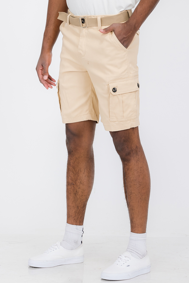 Belted Cargo Short featuring a stylish buckle belt, side cargo pockets, and a comfortable fabric blend.