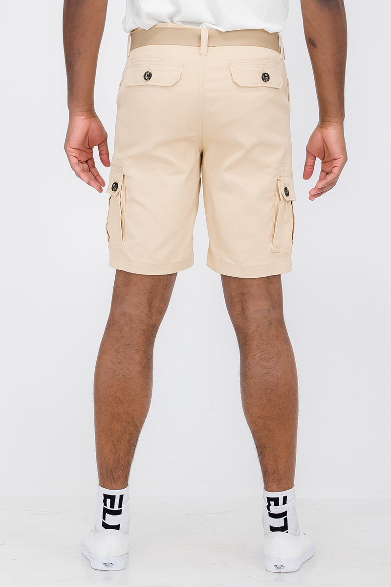 Belted Cargo Short featuring a stylish buckle belt, side cargo pockets, and a comfortable fabric blend.