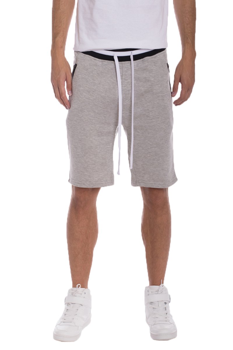 Brandon French Terry Shorts in Grey featuring striped ribbing, zipper pockets, and a black drawstring for a stylish and comfortable fit.