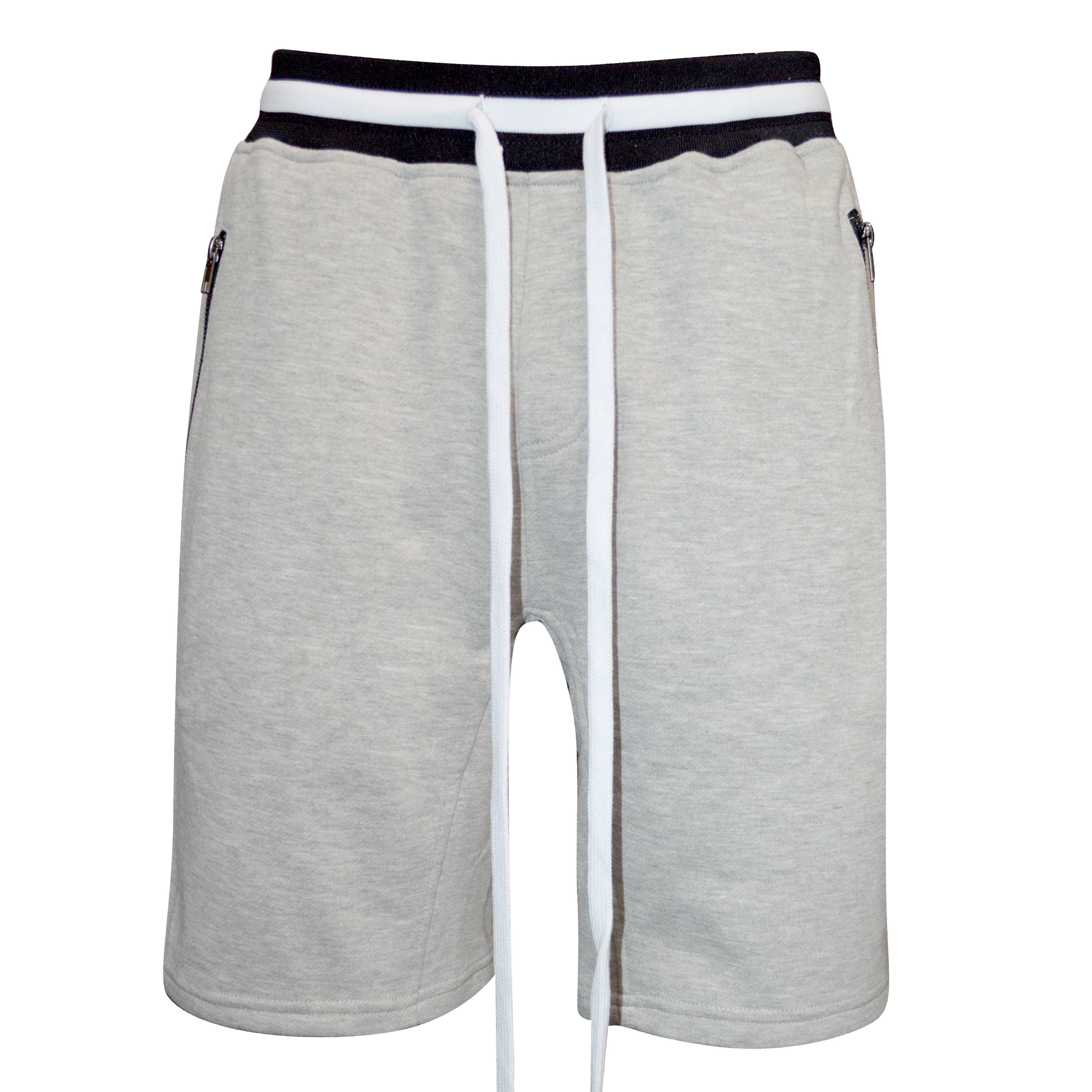 Brandon French Terry Shorts in Grey featuring striped ribbing, zipper pockets, and a black drawstring for a stylish and comfortable fit.