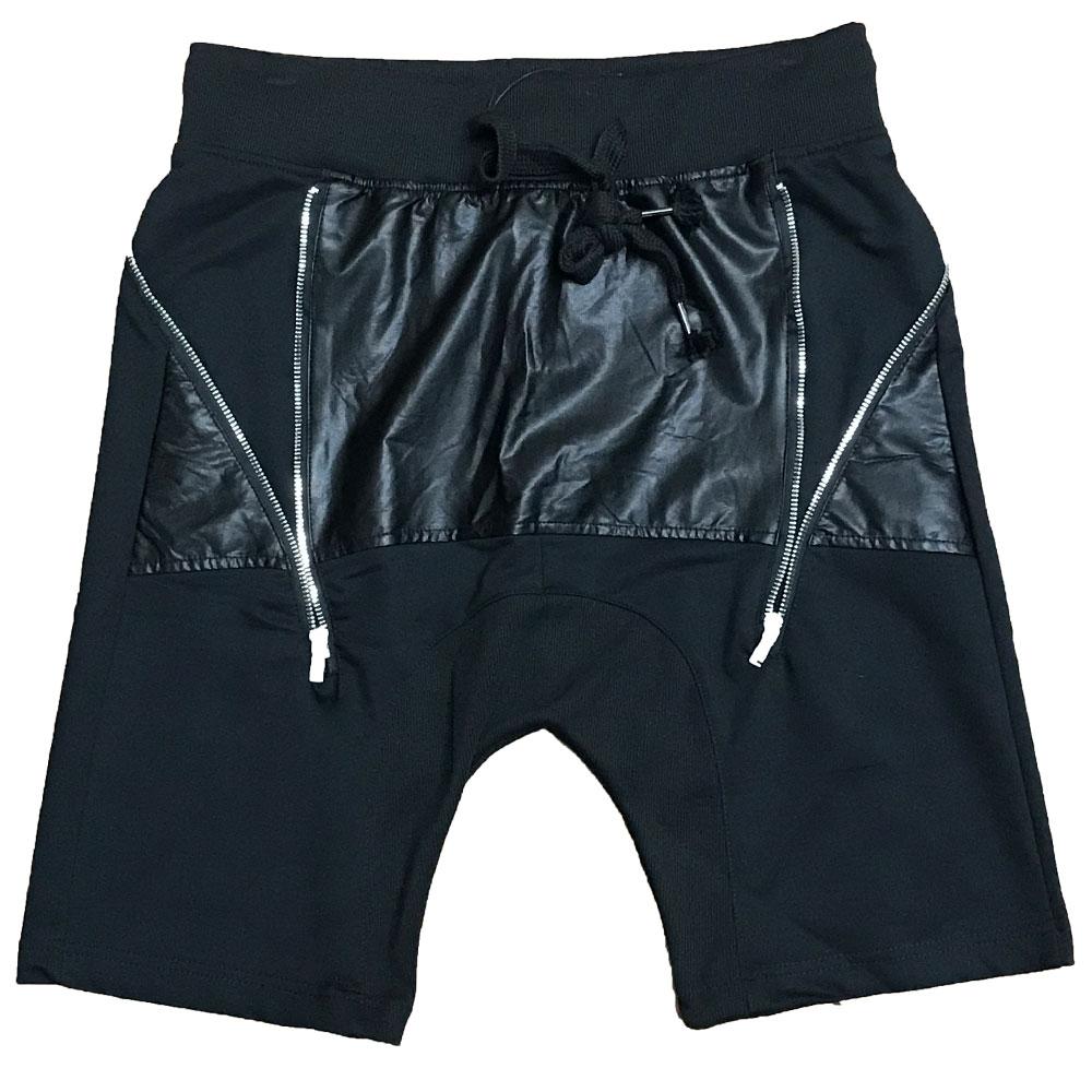 A pair of stylish Leather Front Moto Shorts featuring faux leather material, above-the-knee length, and zipper detail, perfect for streetwear.