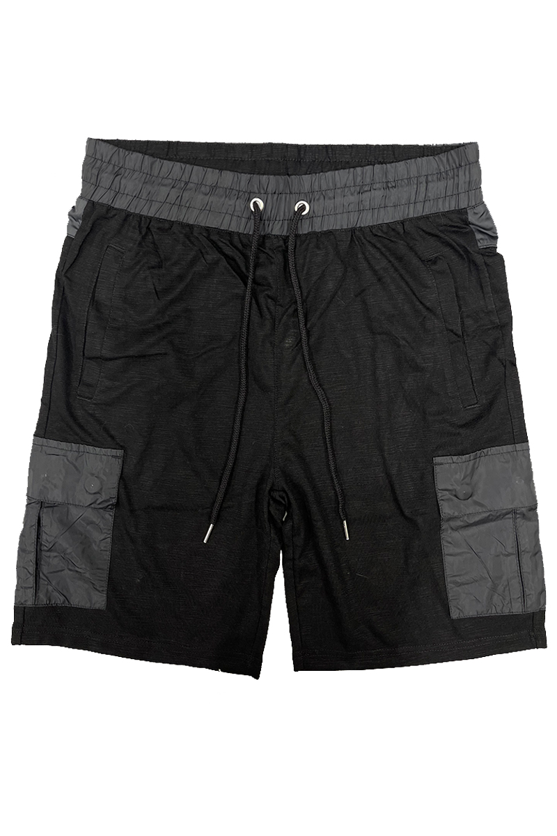 A pair of light weight slub shorts featuring a solid body, elastic waist with drawstring, and a single back pocket, made from 80% cotton and 20% spandex.