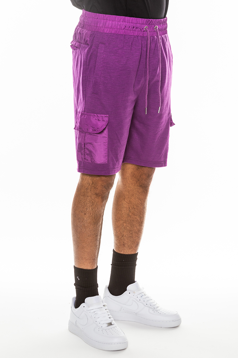 Light Weight Slub Shorts featuring an elastic waist and drawstring, made from 80% cotton and 20% spandex, with a single back pocket.