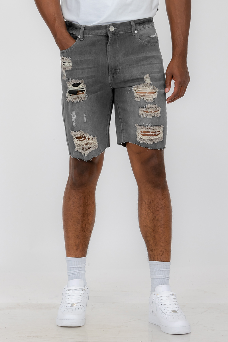 Mens Distressed Denim Shorts featuring a stylish distressed design, above-the-knee fit, and classic button closure.