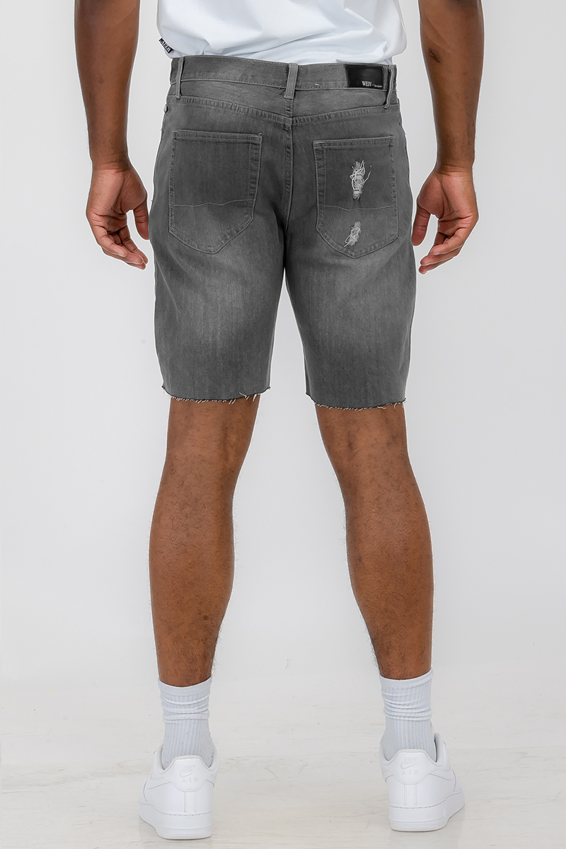 Mens Distressed Denim Shorts featuring a stylish distressed design, above-the-knee fit, and classic button closure.