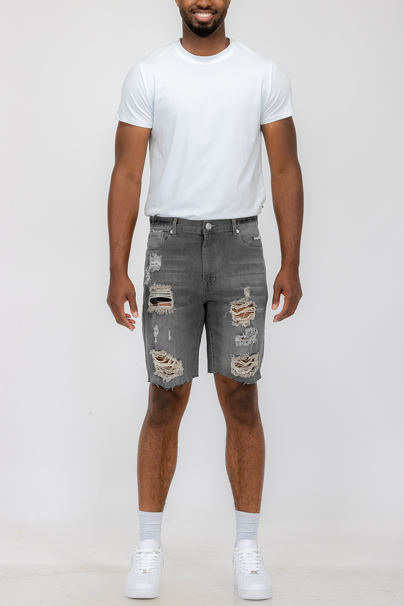 Mens Distressed Denim Shorts featuring a stylish distressed design, above-the-knee fit, and classic button closure.