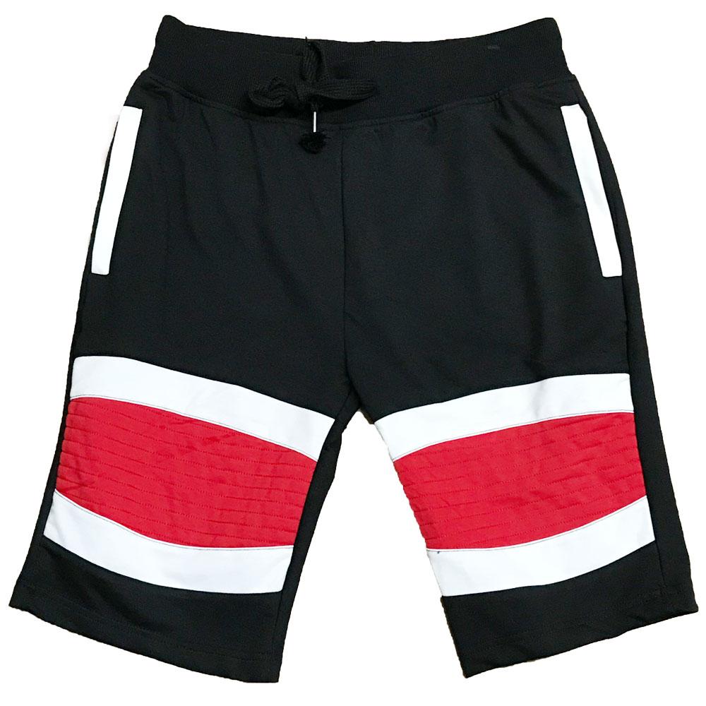 Red Stripe Moto Shorts featuring a white-red-white pattern and contrast zipper, designed for comfort and style with an elasticized waist and drawstring.