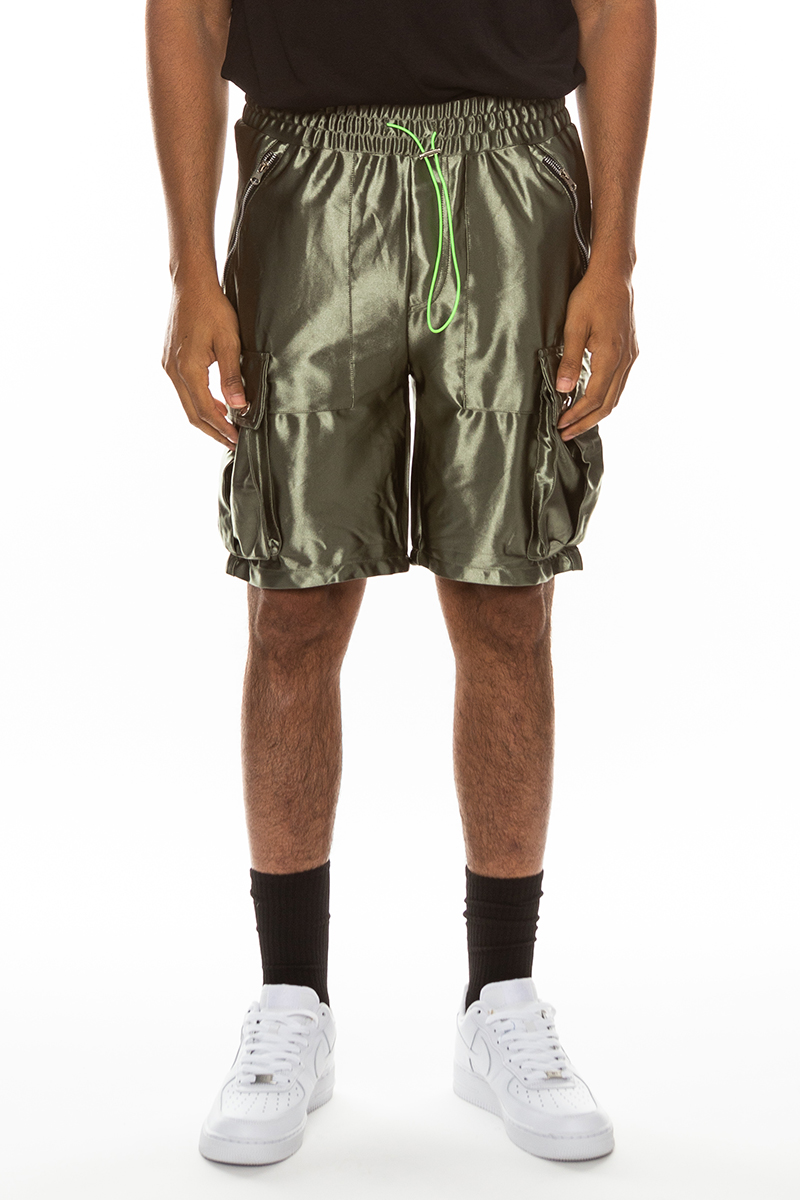 A pair of stylish satin cargo shorts featuring an elastic waist, drawstring, and multiple pockets in a sleek design.