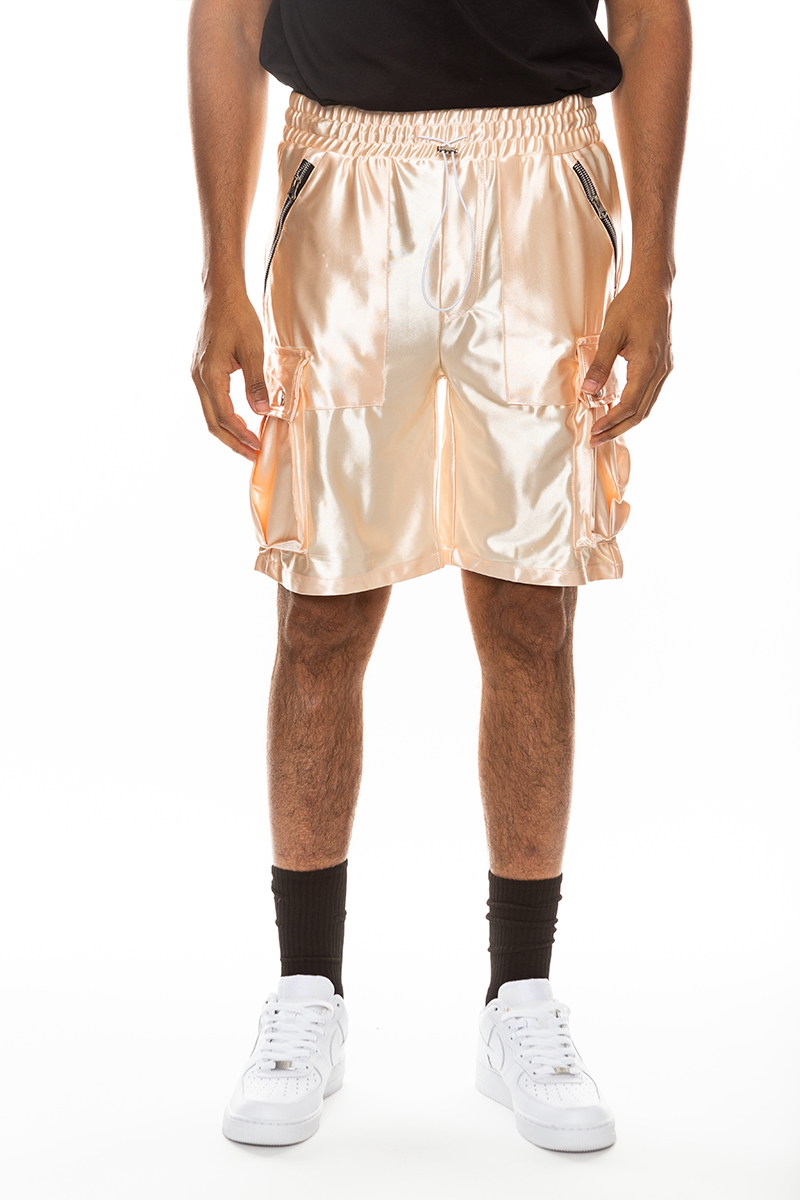 A pair of stylish satin cargo shorts featuring an elastic waist, drawstring, and multiple pockets in a sleek design.