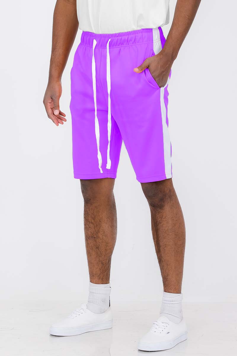 A pair of stylish single stripe shorts featuring an elastic waist and drawstring, perfect for casual wear.