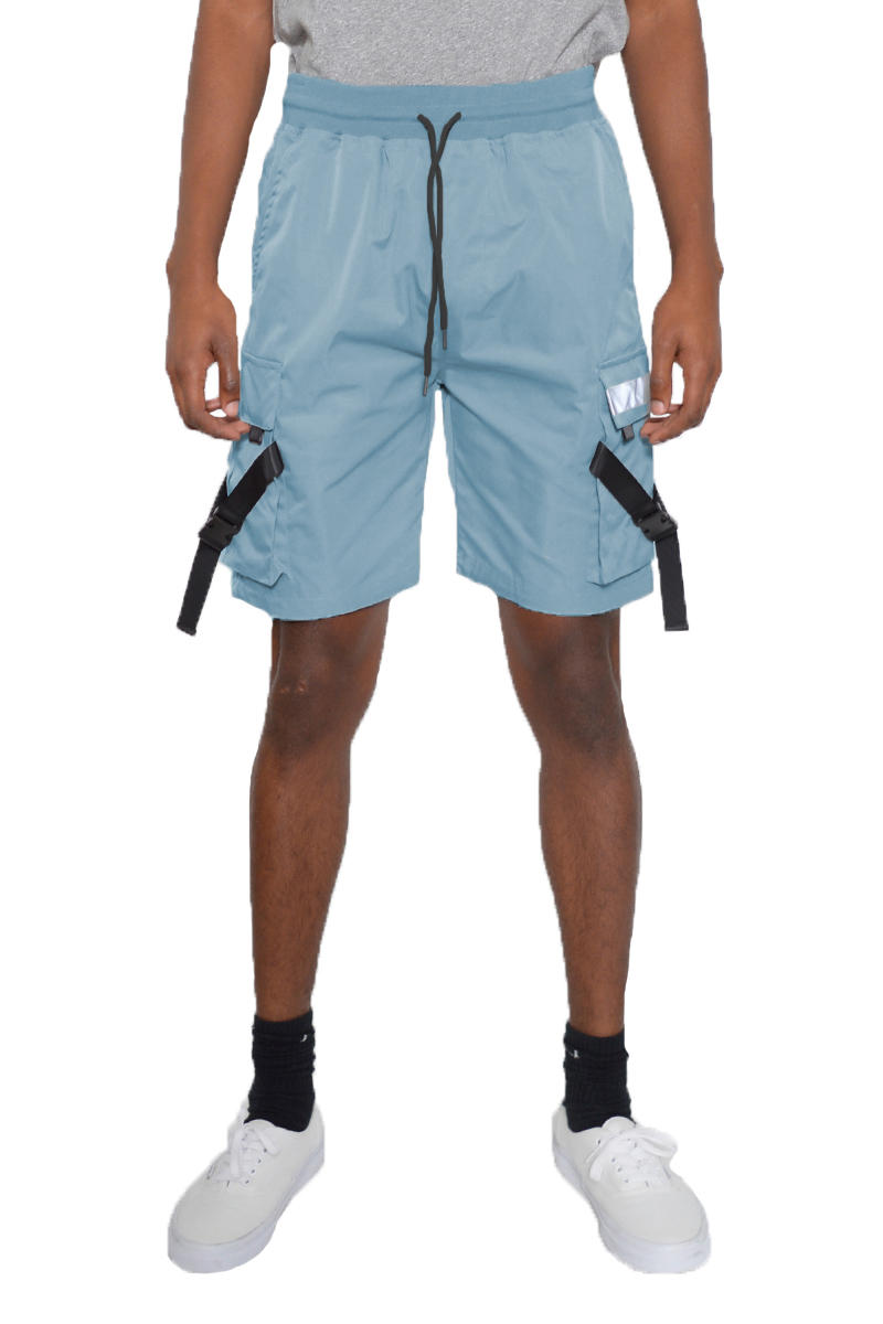 A pair of tactical cargo shorts featuring reflective tape, multiple cargo pockets, and an elastic waist with drawstring, ideal for outdoor activities.