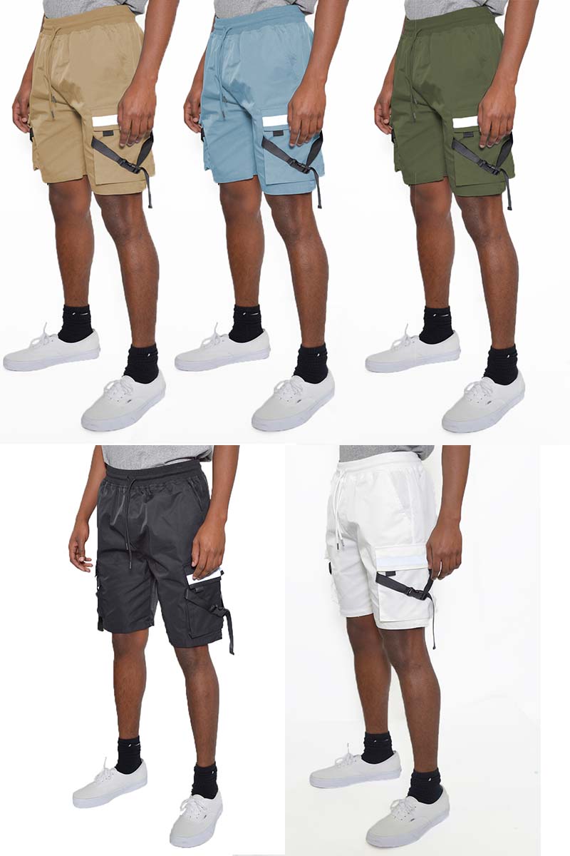 A pair of tactical cargo shorts featuring reflective tape, multiple cargo pockets, and an elastic waist with drawstring, ideal for outdoor activities.