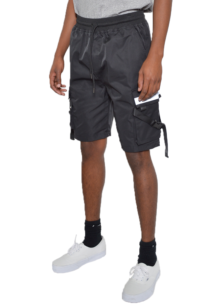 A pair of Tactical Cargo Shorts featuring reflective tape, multiple cargo pockets, and an elastic waist with drawstring, ideal for outdoor activities.