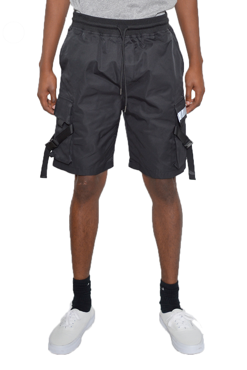 A pair of Tactical Cargo Shorts featuring reflective tape, multiple cargo pockets, and an elastic waist with drawstring, ideal for outdoor activities.