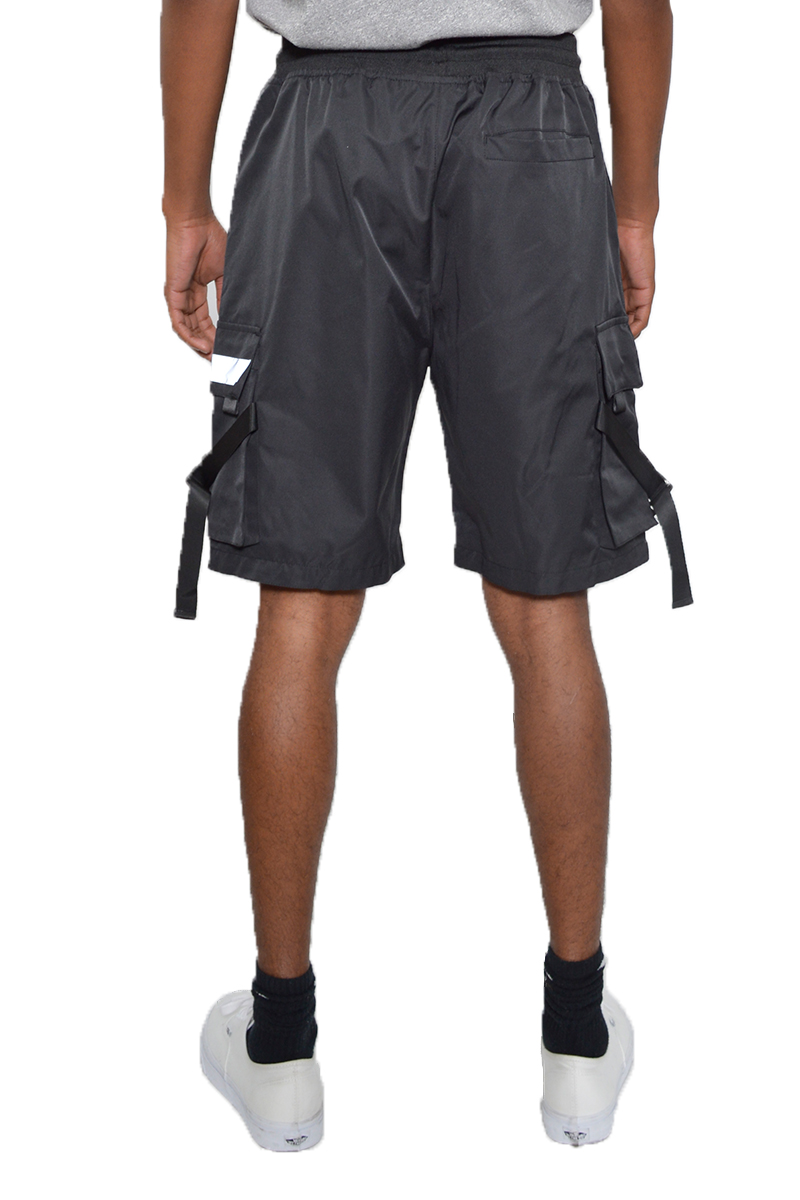 A pair of Tactical Cargo Shorts featuring reflective tape, multiple cargo pockets, and an elastic waist with drawstring, ideal for outdoor activities.