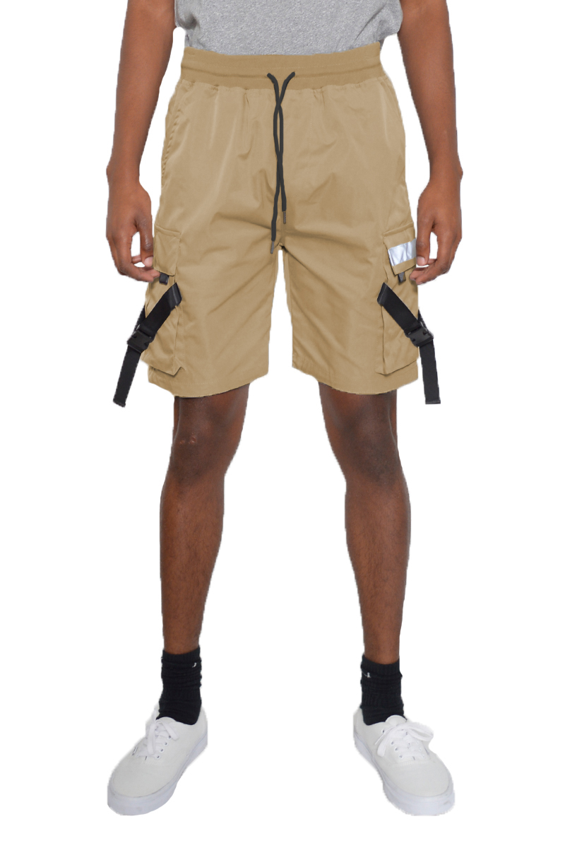 A pair of Tactical Cargo Shorts featuring reflective tape, multiple cargo pockets, and an elastic waist with drawstring, ideal for outdoor activities.