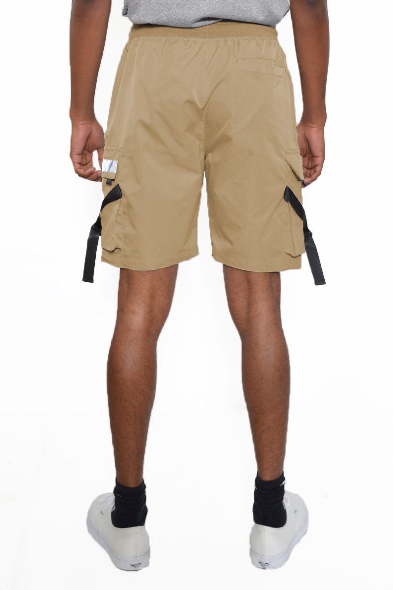 A pair of Tactical Cargo Shorts featuring reflective tape, multiple cargo pockets, and an elastic waist with drawstring, ideal for outdoor activities.