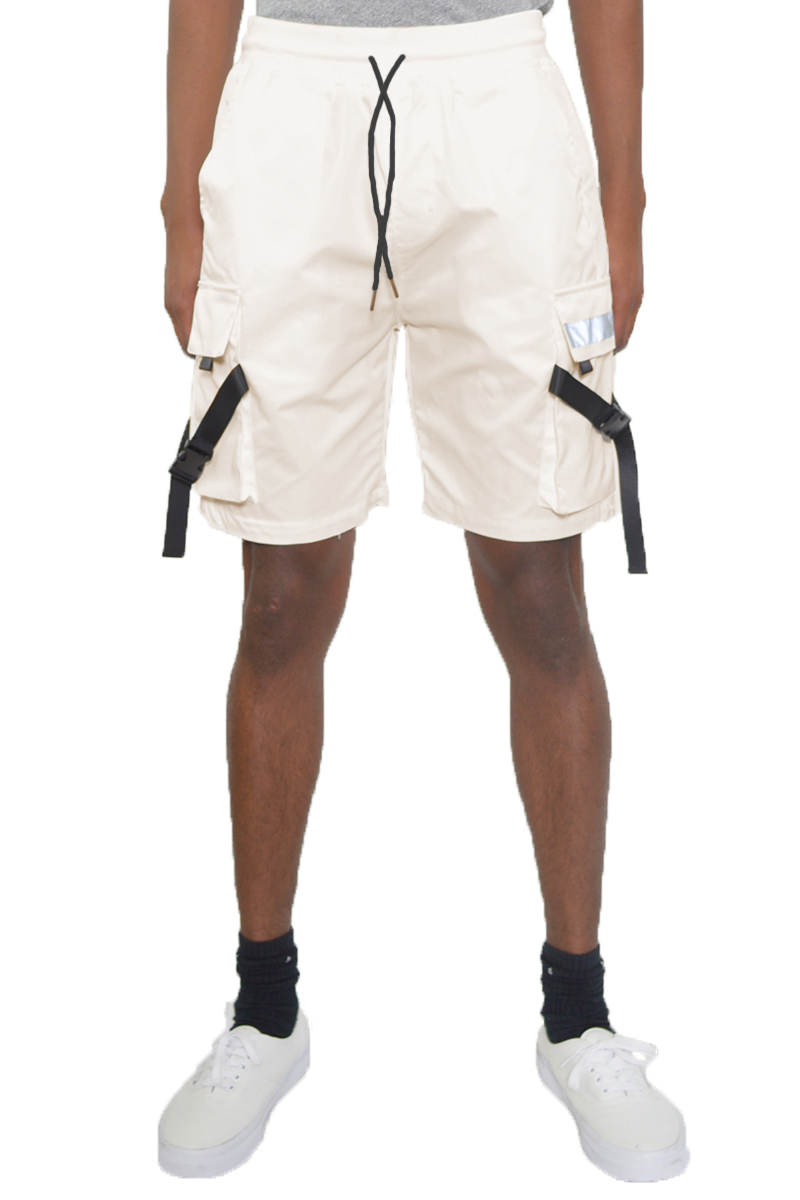 A pair of Tactical Cargo Shorts featuring reflective tape, multiple cargo pockets, and an elastic waist with drawstring, perfect for outdoor activities.