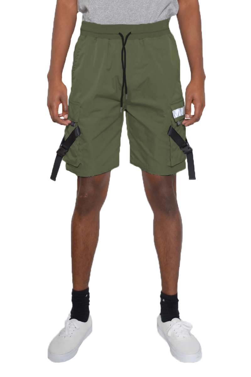 A pair of tactical shorts featuring reflective tape, cargo pockets, and an elastic waist with drawstring, ideal for outdoor activities.