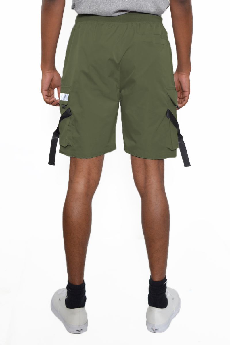 A pair of tactical shorts featuring reflective tape, cargo pockets, and an elastic waist with drawstring, ideal for outdoor activities.