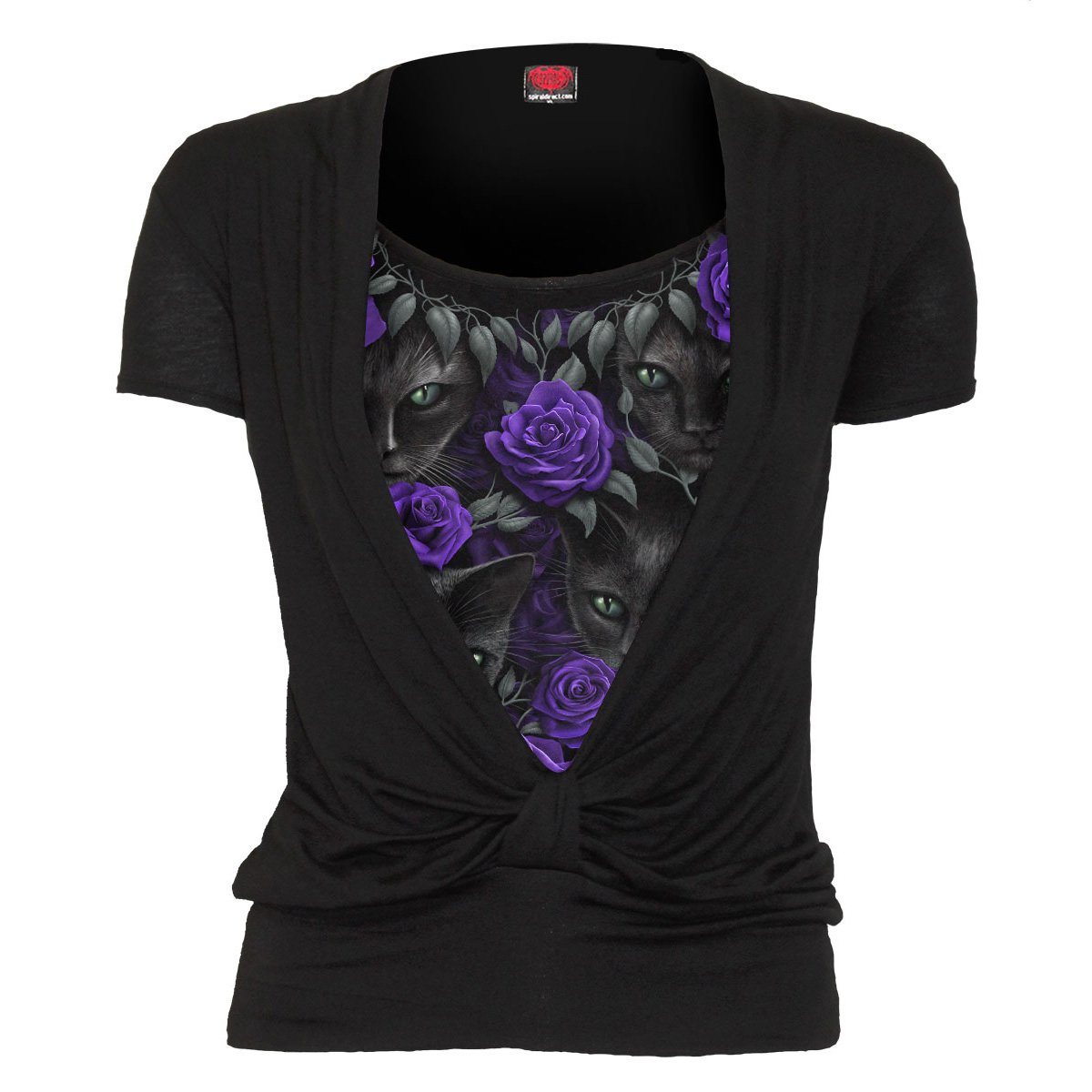 A stylish short sleeve top featuring a unique design of peering eyes among purple roses, showcasing gathered knot detail.