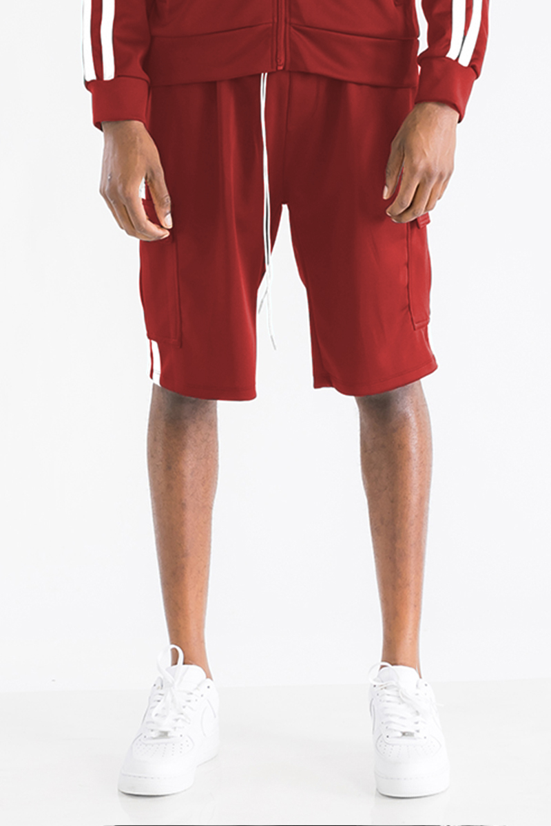 Two Stripe Cargo Pocket Track Shorts featuring an elastic waist, drawstring, and multiple pockets for convenience.