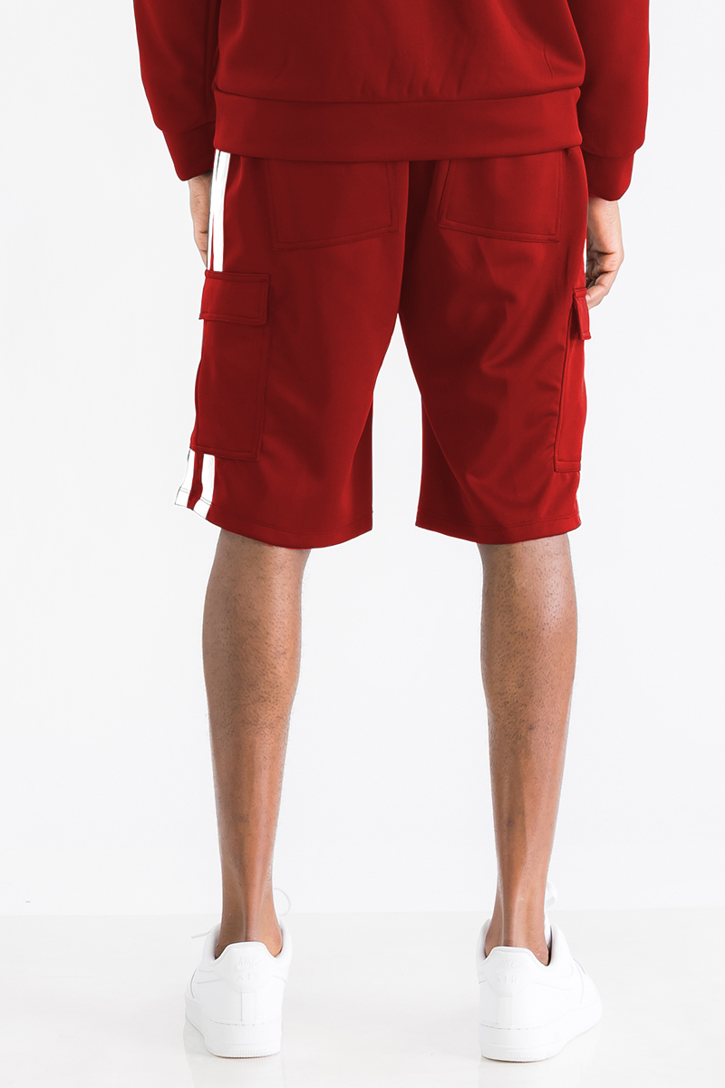 Two Stripe Cargo Pocket Track Shorts featuring an elastic waist, drawstring, and multiple pockets for convenience.