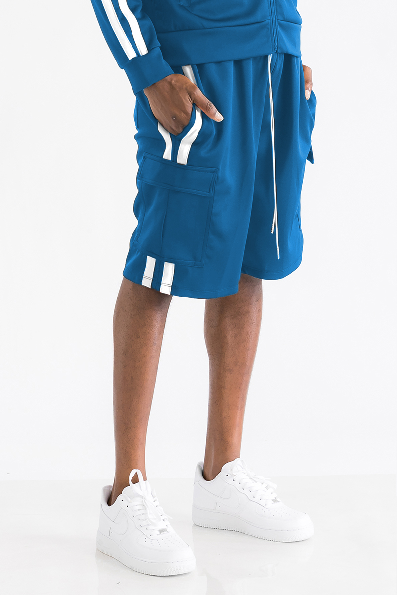 Two Stripe Cargo Pocket Track Shorts featuring an elastic waist, drawstring, and multiple pockets for convenience.