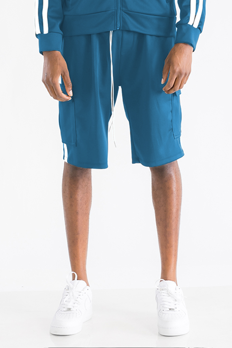 Two Stripe Cargo Pocket Track Shorts featuring an elastic waist, drawstring, and multiple pockets for convenience.