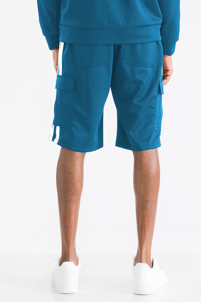 Two Stripe Cargo Pocket Track Shorts featuring an elastic waist, drawstring, and multiple pockets for convenience.