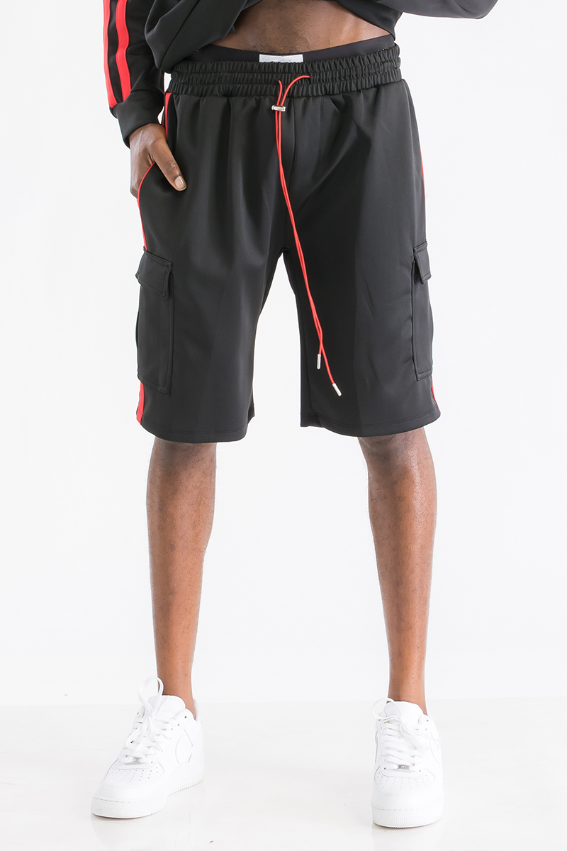 Two Stripe Cargo Pocket Track Shorts featuring an elastic waist, drawstring, and multiple pockets for convenience.