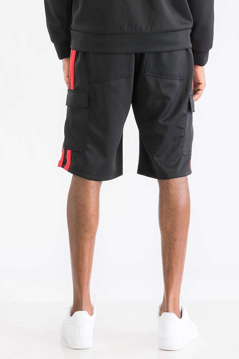 Two Stripe Cargo Pocket Track Shorts featuring an elastic waist, drawstring, and multiple pockets for convenience.