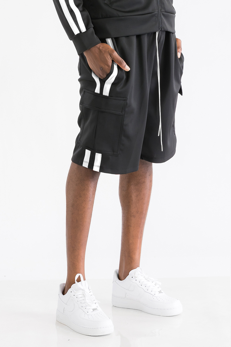 Two Stripe Cargo Pocket Track Shorts featuring an elastic waist, drawstring, and multiple pockets for convenience.