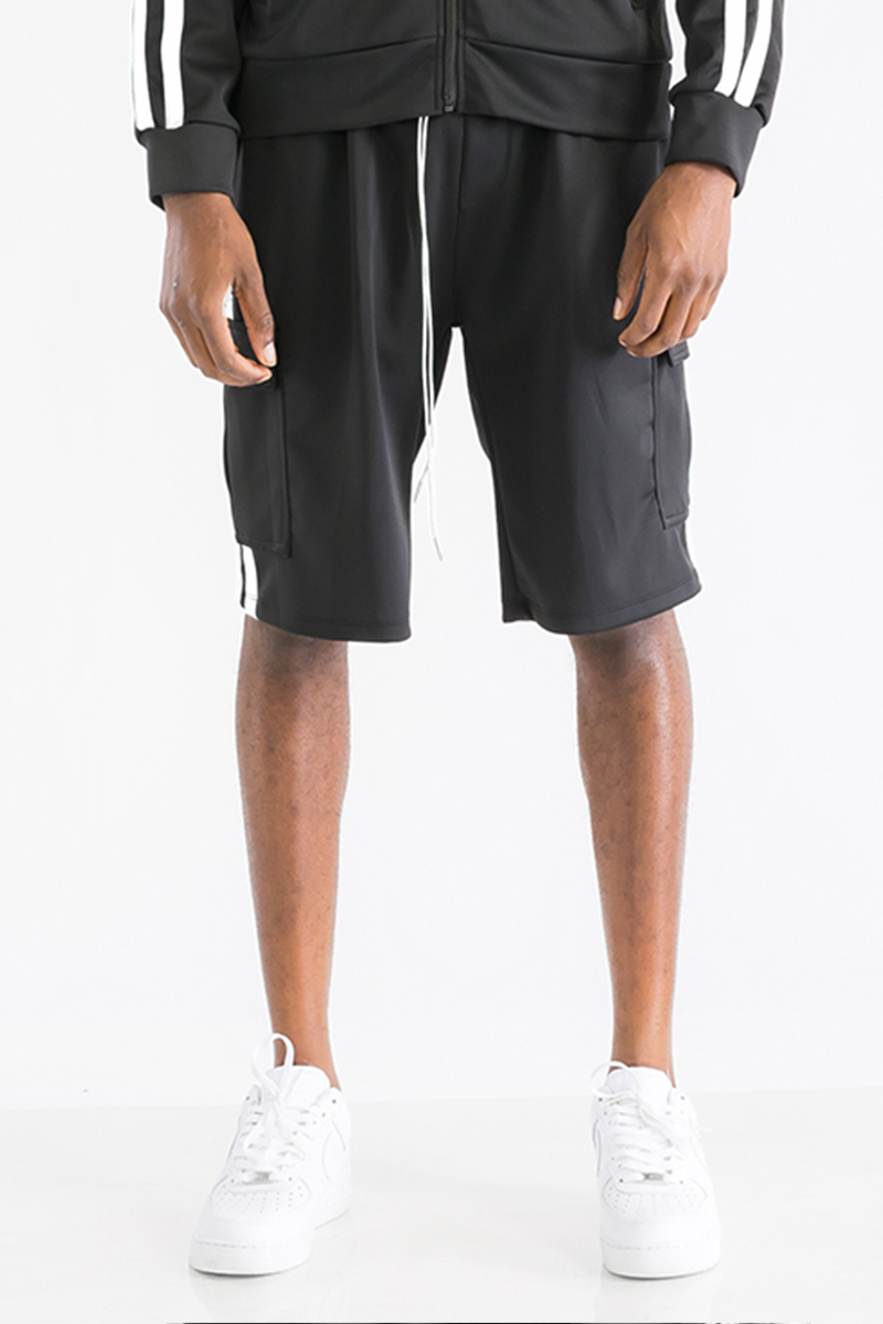 Two Stripe Cargo Pocket Track Shorts featuring an elastic waist, drawstring, and multiple pockets for convenience.