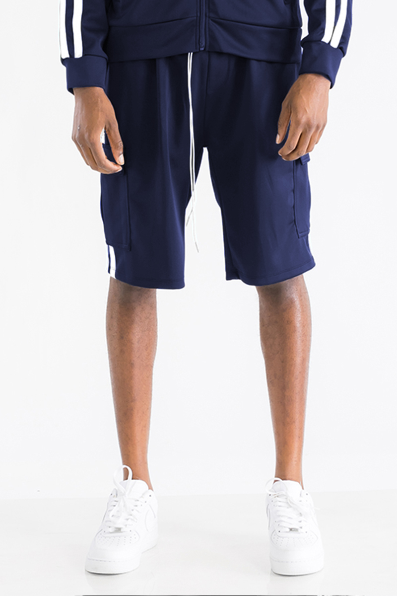 Two Stripe Cargo Pocket Track Shorts featuring an elastic waist, adjustable drawstring, and multiple pockets for convenience.