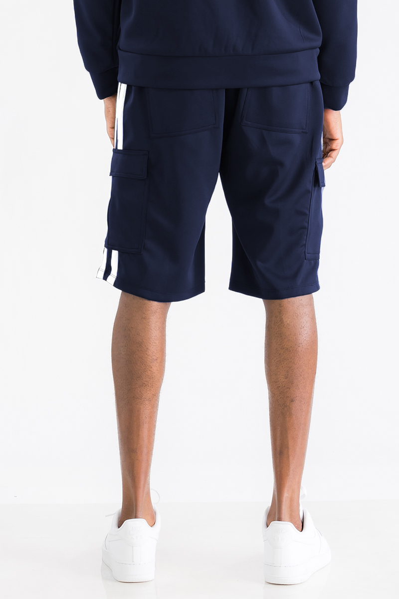 Two Stripe Cargo Pocket Track Shorts featuring an elastic waist, adjustable drawstring, and multiple pockets for convenience.