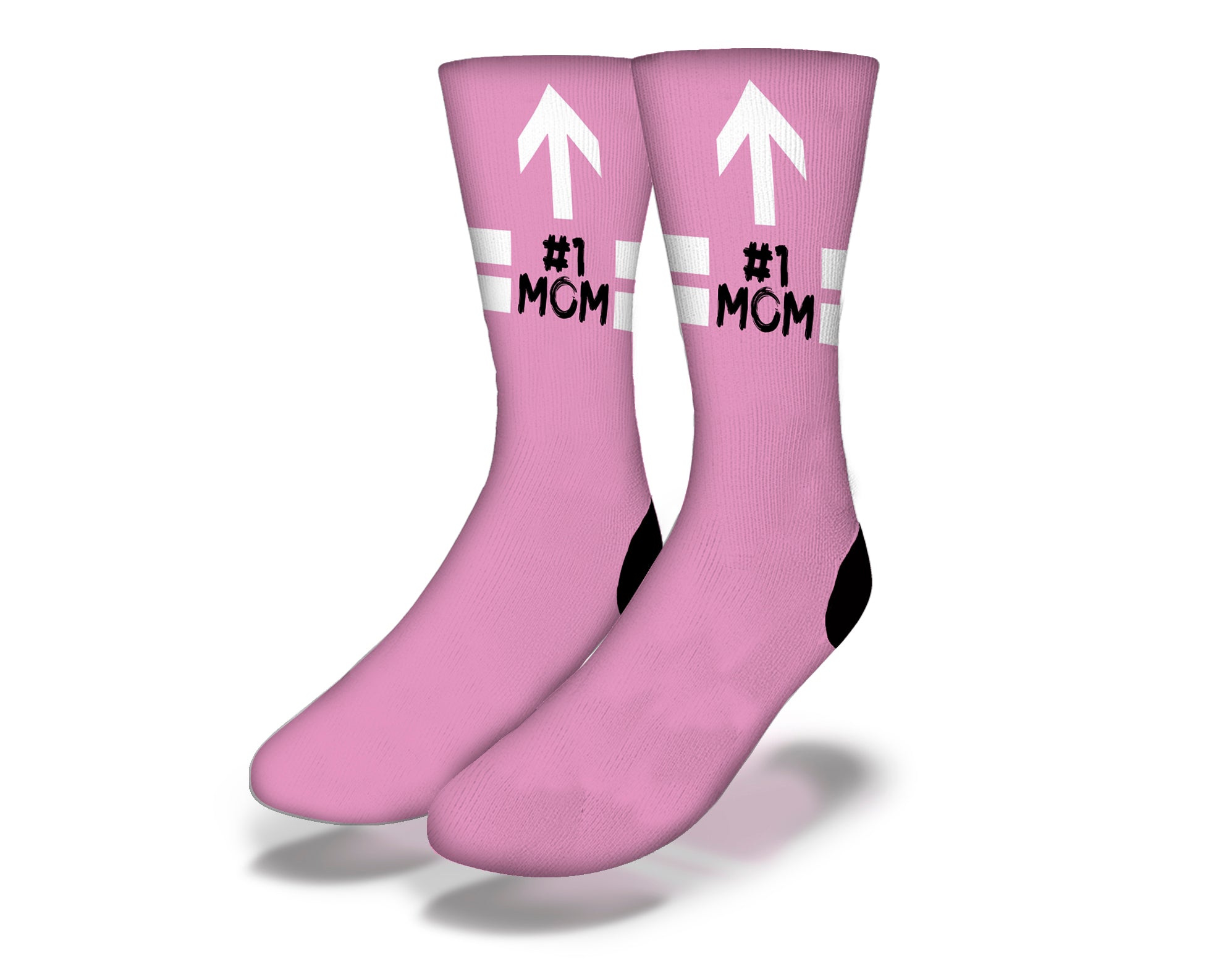 A pair of sporty pink socks with stripes, designed for moms, showcasing a fun and vibrant style.