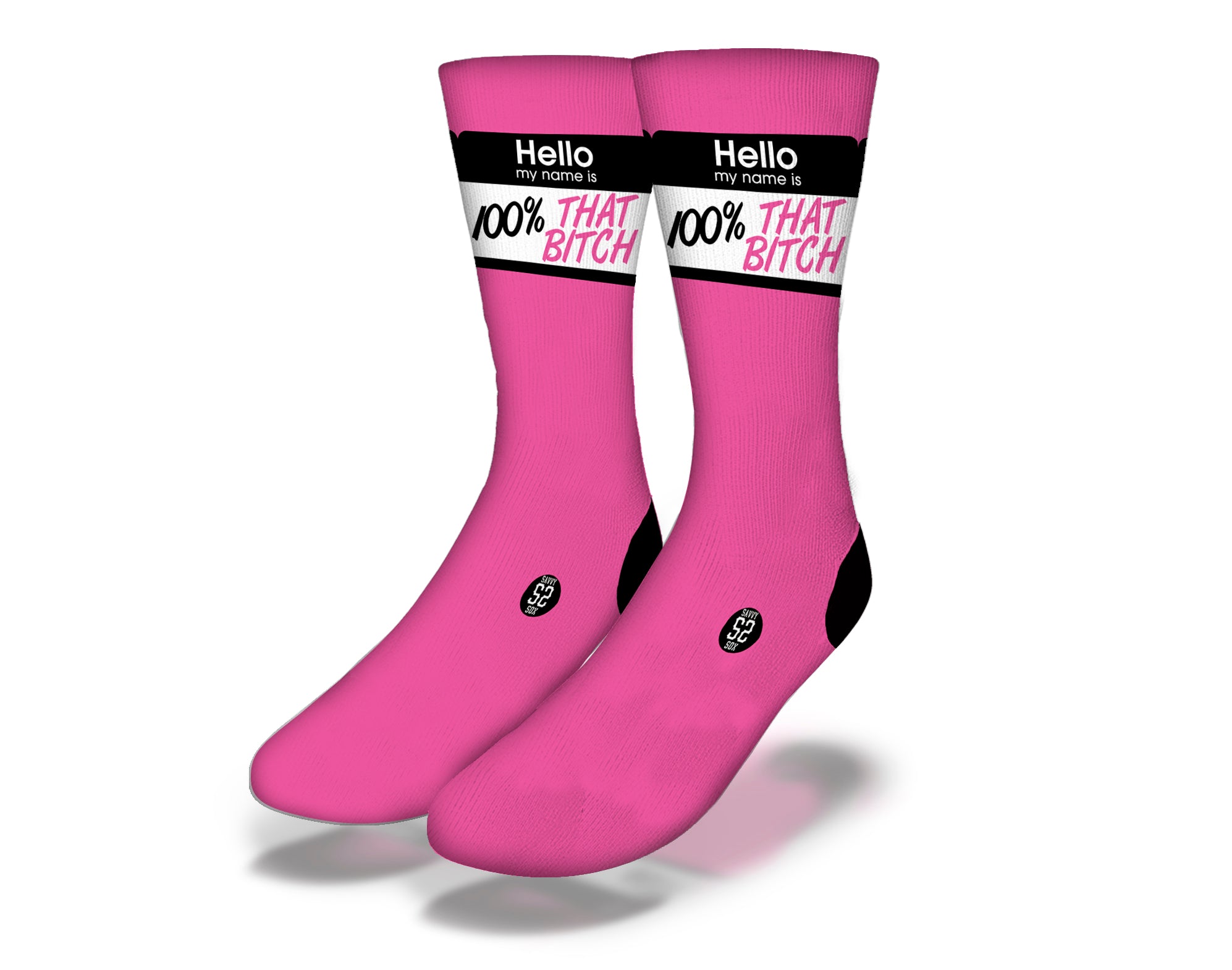 A pair of stylish socks with bold text reading '100% That B****' in vibrant colors, perfect for making a statement.