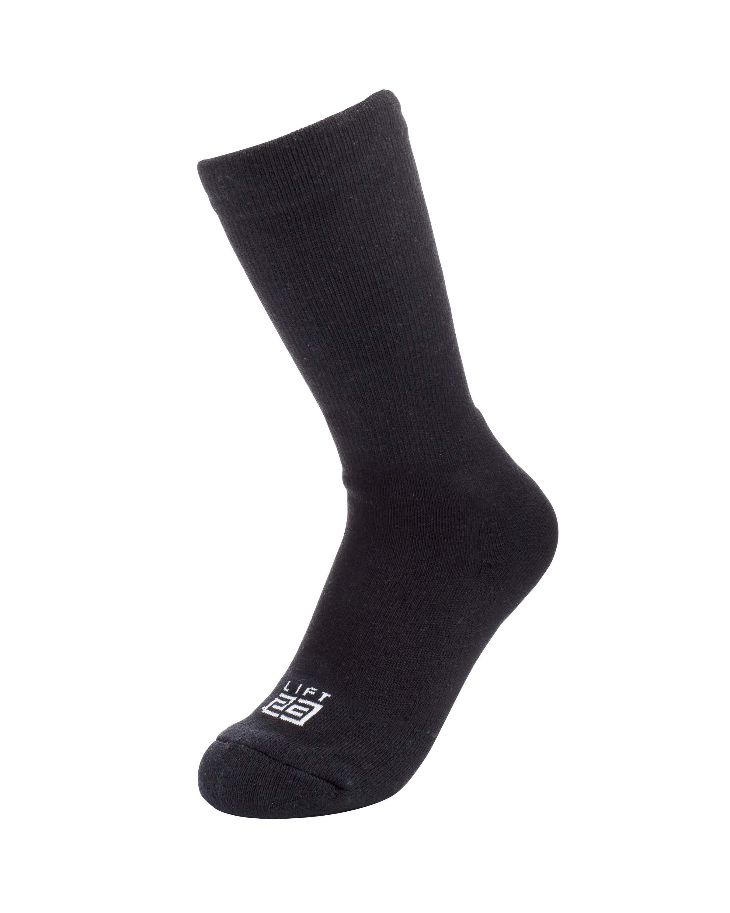 A pair of luxurious black leisure socks made from combed cotton with a cushioned foot bed, perfect for comfort and style.