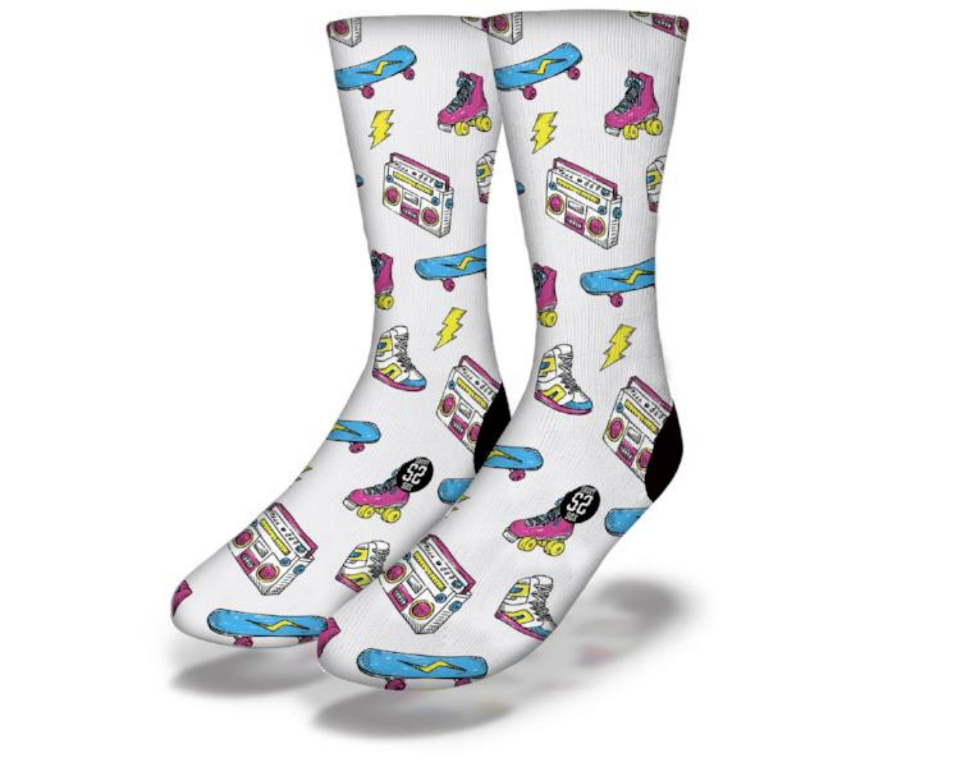 A pair of white retro roller skate socks featuring colorful 80s designs, perfect for skating and casual wear.