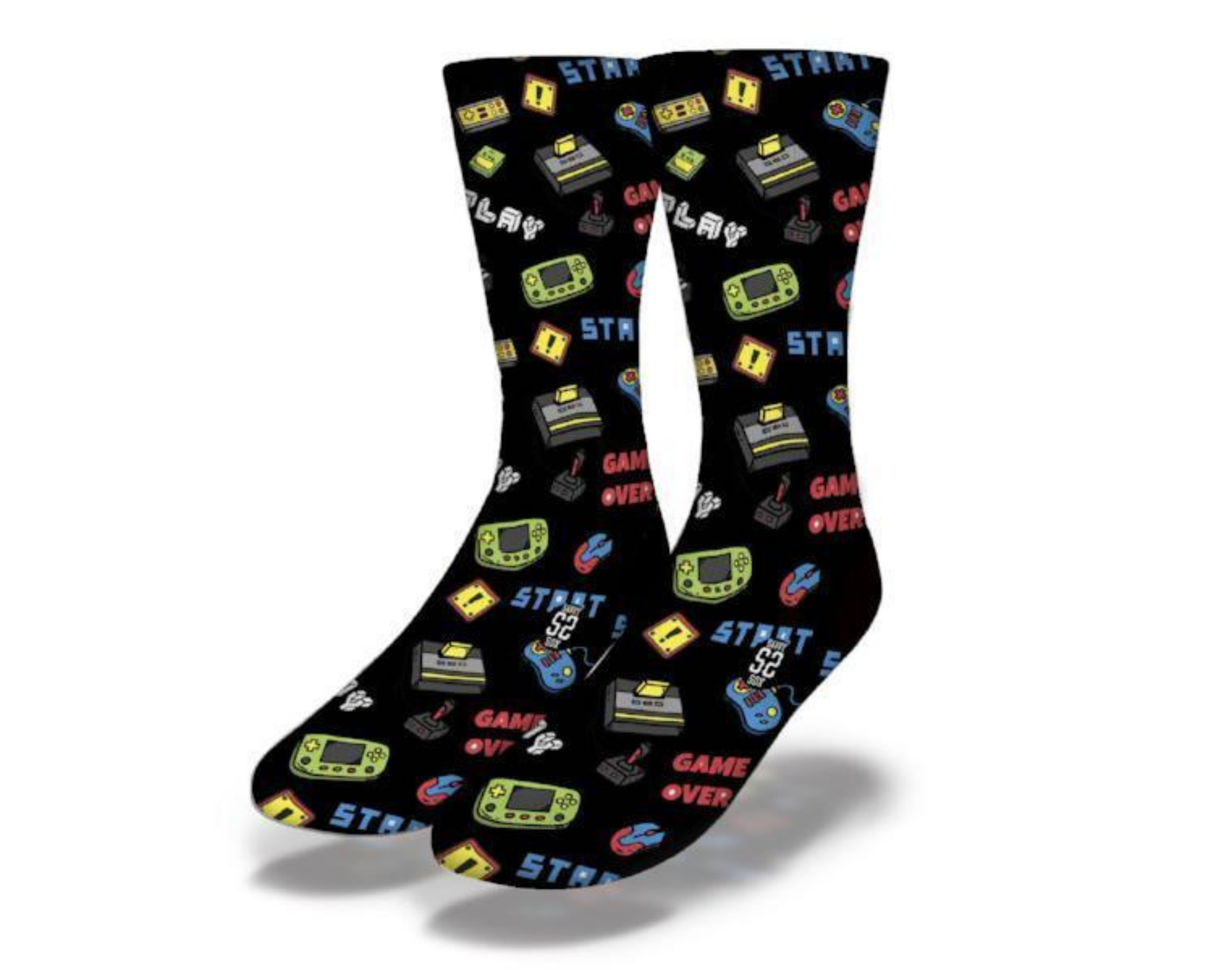 A pair of 80's themed gaming socks featuring colorful joystick designs, perfect for gamers and fun sock enthusiasts.