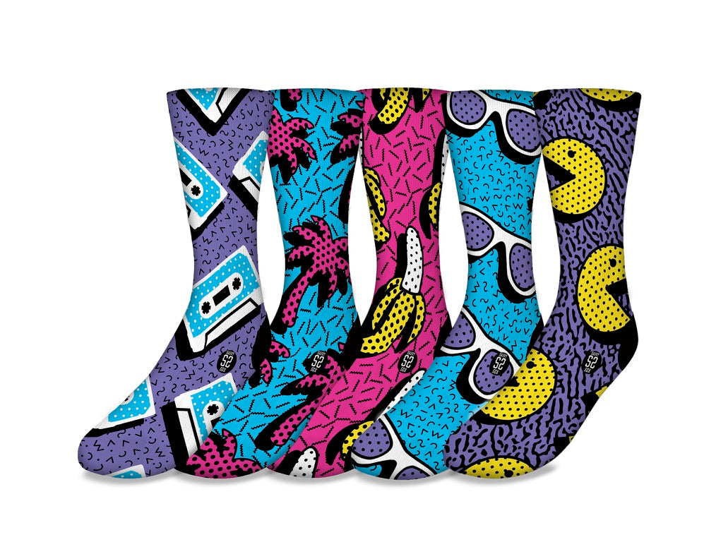 A colorful bundle of 90's themed socks showcasing various retro designs and patterns, perfect for nostalgic fashion lovers.