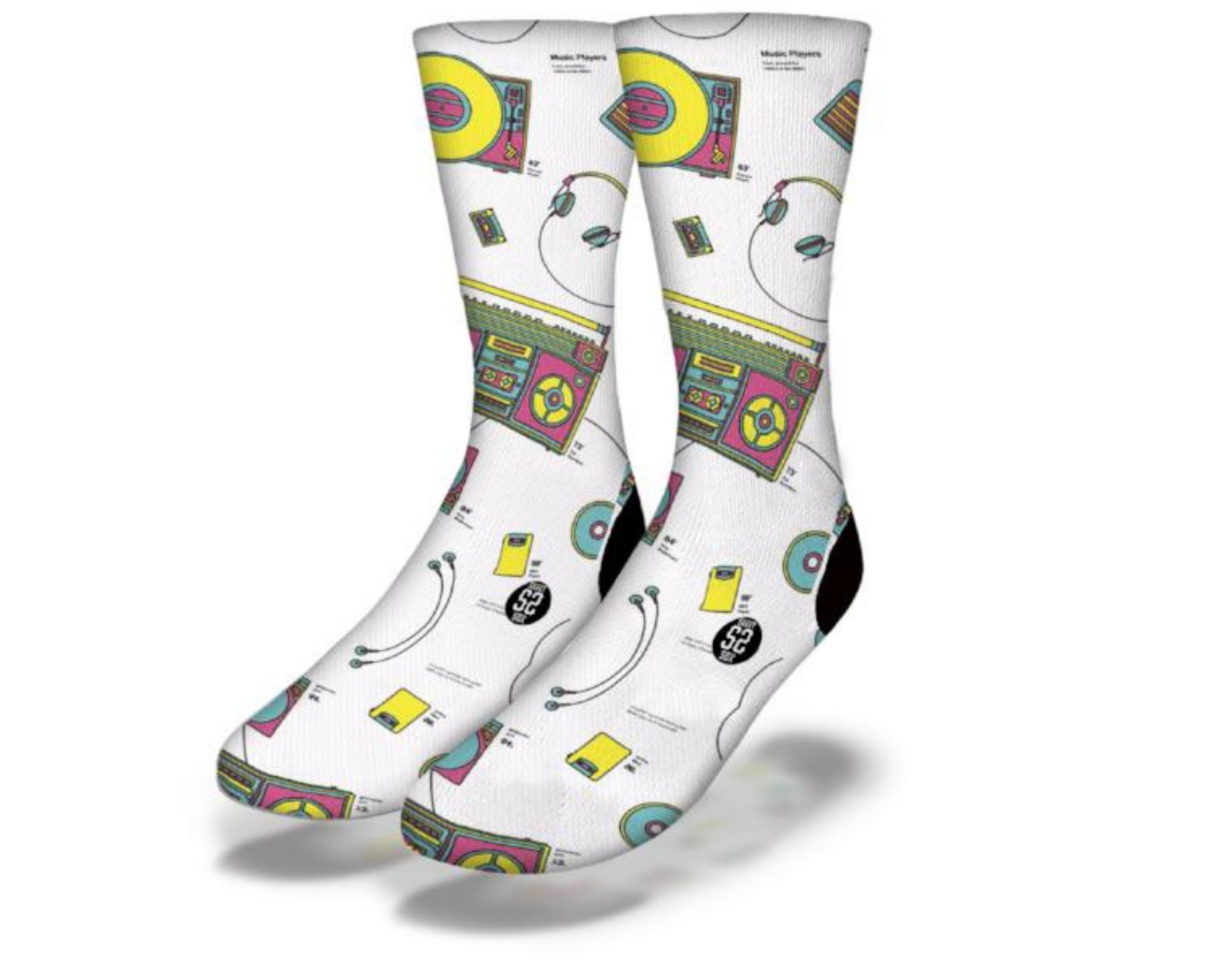 A pair of colorful socks featuring retro 90's electronics designs like cassette tapes and boomboxes.