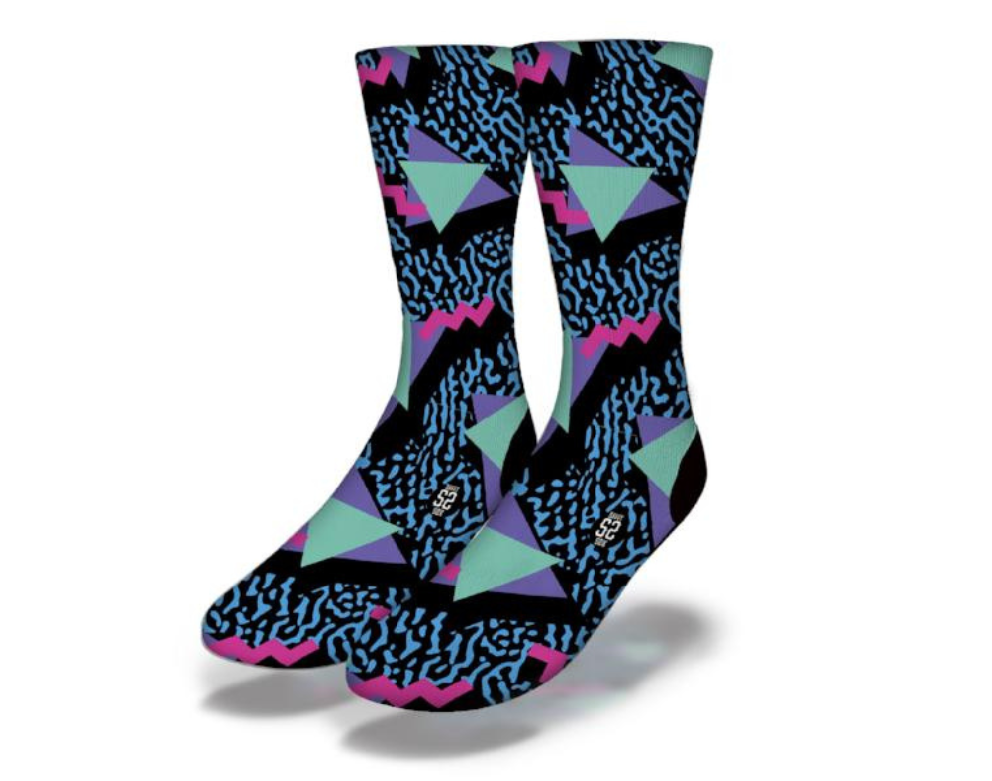 A pair of colorful 90's style socks featuring retro electronics designs like cassette tapes and boomboxes.