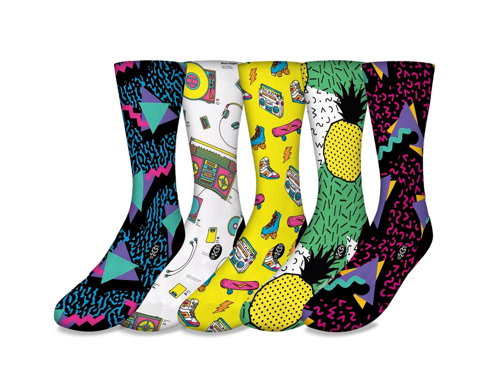 A colorful assortment of five 90's themed socks featuring vibrant patterns and designs, perfect for nostalgic fashion lovers.