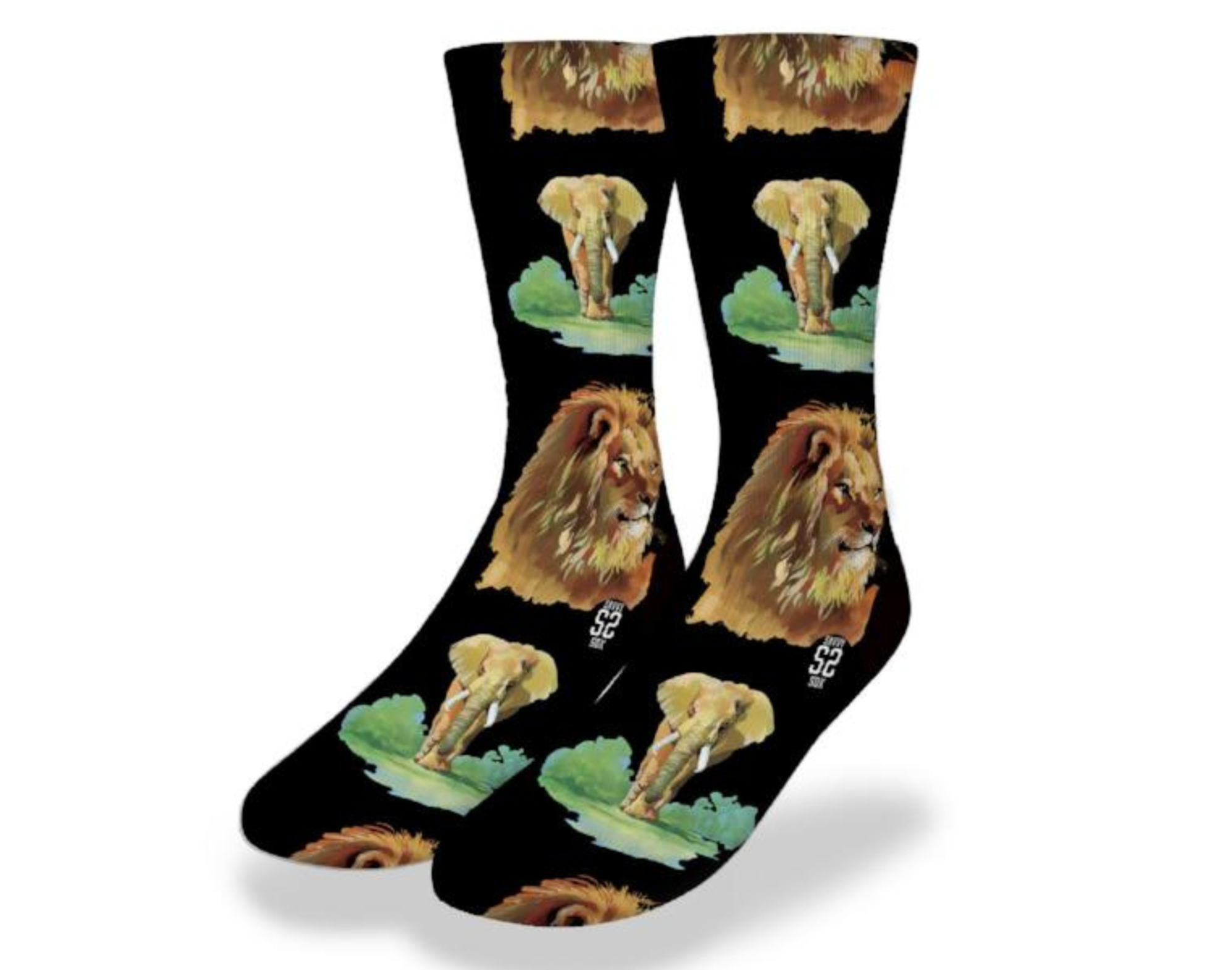 Colorful AFRICAN SAFARI Fun Animal Socks featuring playful lion and elephant designs, perfect for animal lovers.