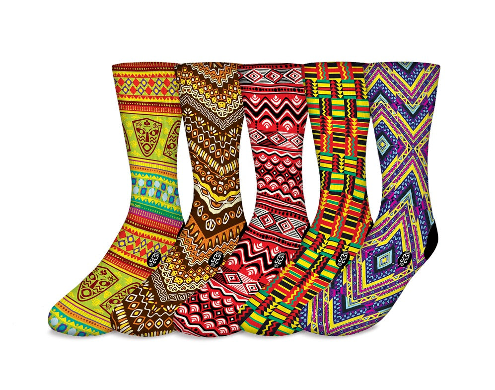 A vibrant collection of five African Tribal themed socks showcasing unique patterns and colors, perfect for stylish wear.